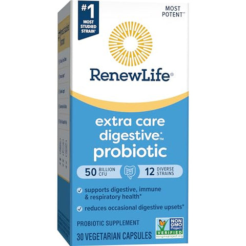 Cápsulas Probióticas Digestivas Extra Care, 50 Bilhões de UFC Garantidos, Apoio Diário à Saúde Imunológica, Digestiva e Respiratória, L. Rhamnosus GG, Sem Laticínios, Sem Soja - Renew Life