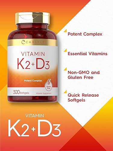 Vitamina K2 e D3 | 300 Softgels | 200mcg K2 MK7 | Suplemento de Alta Qualidade - Carlyle