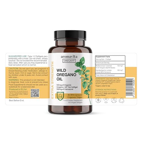 AROMAVITA - Oregavit Cápsulas de Óleo de Orégano Selvagem Grego | 86-90%% Carvacrol – 125mg Óleo de Orégano por Softgel – Imunidade