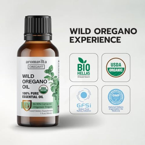 AROMAVITA - Óleo de Orégano Selvagem Oregavit – 100% Puro e Concentrado – 86-90% Carvacrol, Alta Potência, Suporte Imunológico – Suplemento Herbal à Base de Plantas – Vegano, Não Transgênico, Livre de Glúten – 30ml
