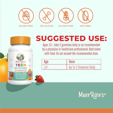 MaryRuth Organics - Multivitamínico MaryRuth para Adolescentes | Sem Açúcar | Gomas de Vitaminas para Idades 13 | Vitamina C | D e E | B | Biotina | Zinco para Suporte Imunológico | Energia | Pele e Cabelo | 60 Unidades