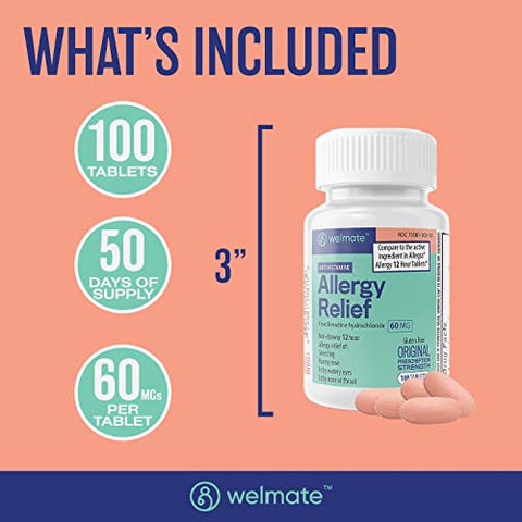 Alívio de Alergia | Fexofenadina HCl 60 mg Antialérgico Não Sonolento | 100 Comprimidos | Suporte de 12 Horas ao Longo do Dia - WELMATE