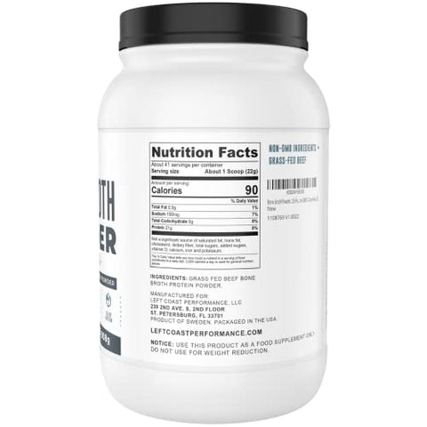 Left Coast Performance - Proteína em Pó de Caldo de Osso de Gado Alimentado com Capim – Puro Caldo de Osso de Gado, Sem Sabor, com Colágeno Natural e Glucosamina