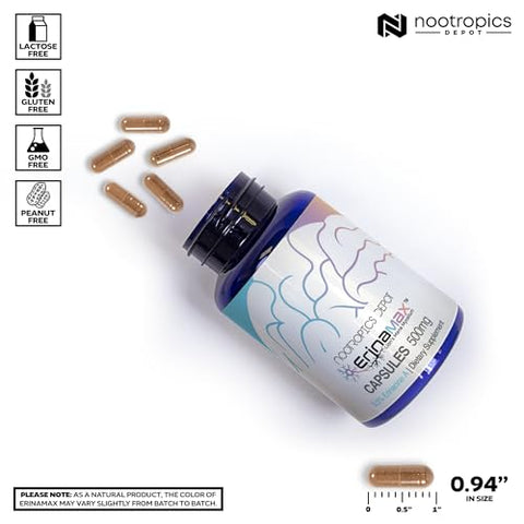 Cápsulas de Lion’s Mane Erinamax 500mg | Cultura Líquida de Micélio | 2.5mg de Erinacine A | Melhora o Humor e a Cognição | - Nootropics Depot