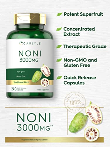 Cápsulas de Fruta Noni 3000mg | 240 Unidades | Livre de Transgênicos, Sem Glúten | Suplemento Herbáceo Tradicional - Carlyle