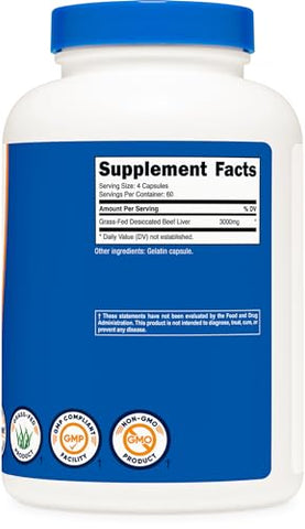 Cápsulas de Fígado Bovino Desidratado 3000mg (750mg por Cápsula) – Sem Hormônios, Não-OGM, Livre de Glúten, Bovinos Criados em Pasto, Livres (240 Unidades) - Nutricost