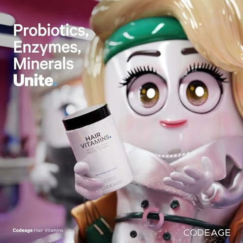 Hair Vitamins 10000 mcg Biotina, Queratina, Colágeno, Vitamina A, B12, C, D3, E, Zinco, Cúrcuma, Probióticos, Enzimas, Inositol – Suporte para Cuidados com os Cabelos – Suplemento para Cabelos Saudáveis - Codeage