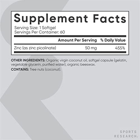 Zinco Picolinato 50mg com Óleo de Coco Orgânico | Suplemento de Zinco Altamente Absorvível para Função Imunológica Saudável – Verificado Não-OGM, Sem Glúten - Sports Research
