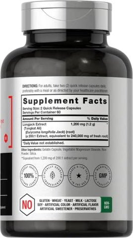 Longjack Tongkat Ali | 240.000 mg (Extrato Potente 200:1) | 120 Cápsulas | Suplemento para Desempenho Masculino Extremo | Fórmula de Extrato Herbal Super Concentrado | Não-OGM - Horbäach
