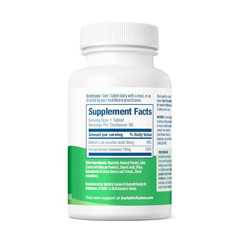 Suplemento de Ferro para Mulheres Quick Melt | Comprimidos Mastigáveis Dissolvíveis Livres de Açúcar | Ferro Ferroso Fumarato 18 mg com Vitamina C | Melão e Frutas Vermelhas | Sem Glúten, Lactose - Bariatric Fusion