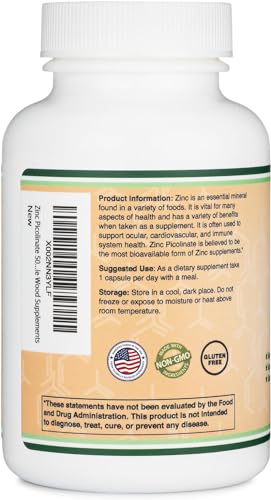 Double Wood Supplements - Zinc Picolinate 50mg, 300 Cápsulas (Suporte Imunológico) Sem GMO, Sem Glúten (Fornecimento de 300 Dias) por