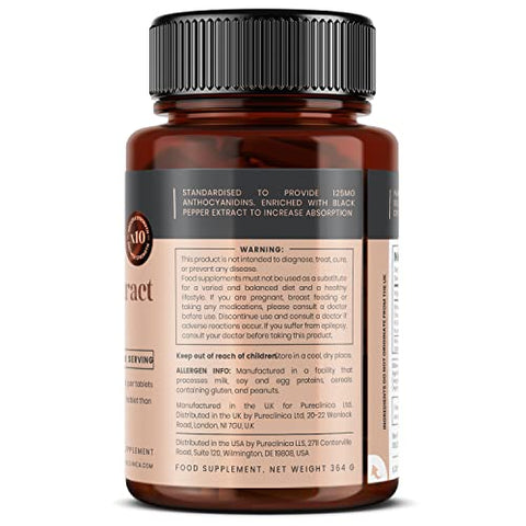 pureclinica - Bilberry Extract 10.000mg x 360 Comprimidos (2 Frascos) – 10X Mais Antocianidinas por Comprimido do que a Maioria dos Outros – e Extrato de Pimenta Preta 5mg para Absorção Aumentada em 300%%