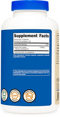 Cápsulas de Noni 500mg 240 Cápsulas – Certificado CCOF, Feito com Noni Orgânico, Livre de Transgênicos e Glúten - Nutricost