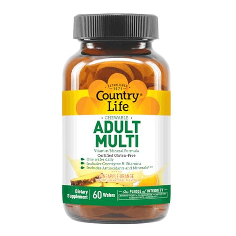 Multivitamínico Mastigável para Adultos Country Life com Coenzima B-Vitaminas, Antioxidantes, Minerais, Sabor Abacaxi-Laranja – Suporta Metabolismo Energético e Saúde Imunológica, Livre de Glúten – 60 comprimidos
