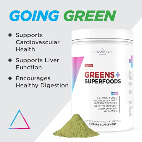 Greens Superfood Powder (Berry) – Pó de Super Alimentos para Saúde Intestinal – Suplemento em Pó de Suco Verde com Spirulina, Chlorella, Enzimas – 100g - Livingood Daily