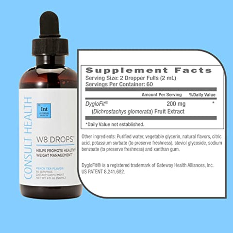 W8 Drops – Promove Gerenciamento Saudável do Peso – Reduz Acúmulo de Gordura – DygloFit – Extrato de Fruta de Dichrostachys Glomerata – Sabor Chá de Pêssego – 60 Porções - Consult Health