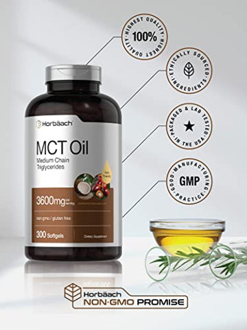 Keto MCT Oil Pills | 3600mg | 300 Softgels | Cápsulas de Óleo de Coco | Fórmula Livre de OGM e Glúten | Suplemento de Alta Potência e Tamanho Grande - Horbäach