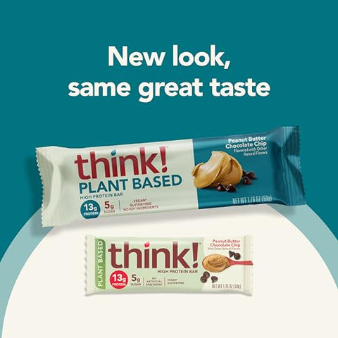 THINK - think! Barras Veganas/à base de plantas de alta proteína – Manteiga de Amendoim com Gotas de Chocolate, 13g Proteína, 5g Açúcar, Sem Adoçantes Artificiais, Verificado pelo Projeto Non GMO, 10 Unidades (Embalagem pode variar)