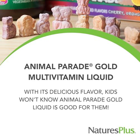 Animal Parade Gold – Multivitamínico Líquido Infantil, 473 ml – Sabor Natural de Frutas Tropicais – Suporte Imunológico – Sem Glúten, Vegano – 32 Porções - Natures Plus