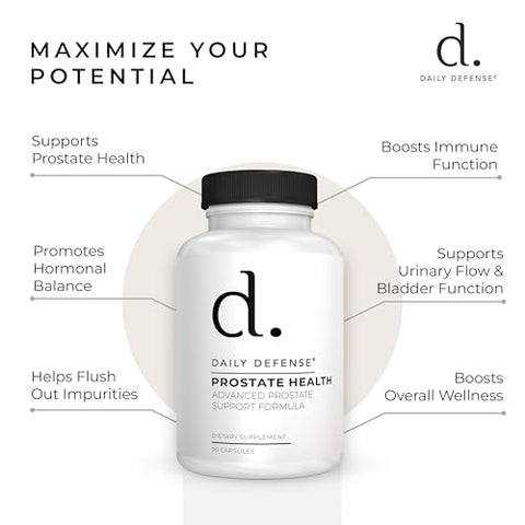 Daily Defense - Suplementos para Saúde da Próstata para Homens – Com Pó de Saw Palmetto, Vitamina E, Zinco, Cogumelos, Semente de Abóbora – Suporte Dietético para Próstata, 90 Ct