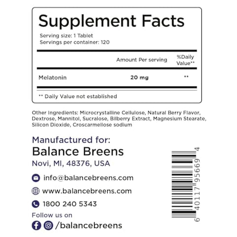 Melatonina 20mg, 100% Livre de Medicamentos, Sabor Natural de Frutas Vermelhas – 120 Comprimidos de Dissolução Rápida – Experimente Noites Serenas e Repousantes – Encontre Sua Calma, Abrace o Relaxamento - Balancebreens