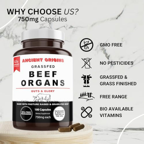 Ancient Origins - Suplemento de Órgãos de Carne Bovina Alimentada com Capim – Fígado Desidratado, Medula Óssea, Coração, Baço, Pâncreas – 4500mg