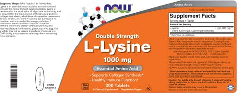 Now Foods L-Lysine 1000mg – Suplemento de Aminoácido Não-OGM – 300 Comprimidos – Dose Dupla – Vegan/Vegetariano