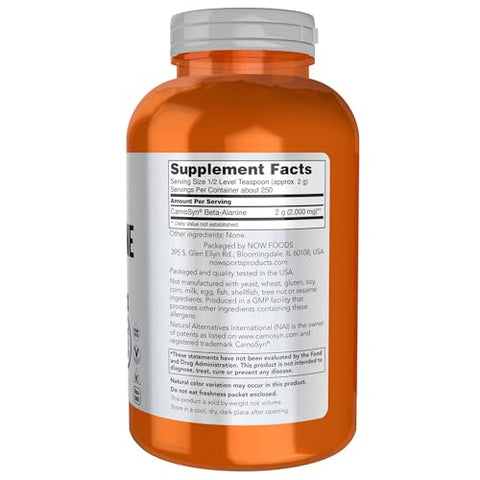 Sports Nutrition, Beta-Alanine Pure Powder 2,000 mg, Resistência Muscular, 500g - NOW Foods
