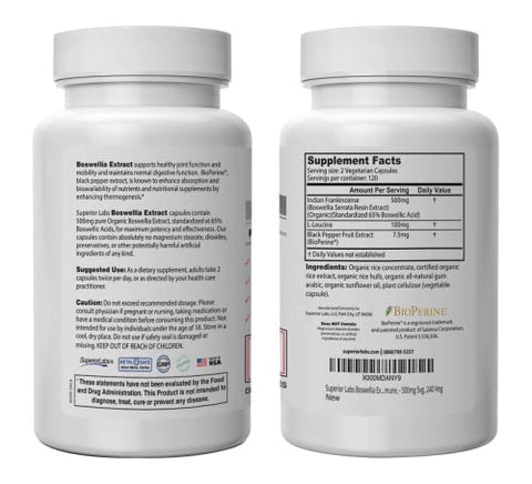 Boswellia Extract – Fórmula Poderosa para Articulações, Joelhos, Quadris, Imunidade – 500mg SVG, 240 Cápsulas - Superior Labs