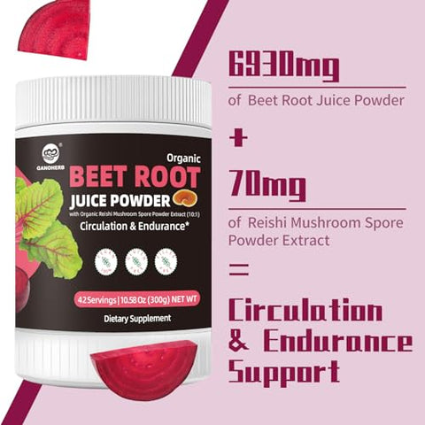GANOHERB - Pó de Beterraba 7000mg, Concentrado Orgânico de Suco de Beterraba em Pó com Cogumelo Reishi, Suplemento Superfood de Bebida de Beterraba para Circulação e Resistência, Vegano, Sem Açúcar