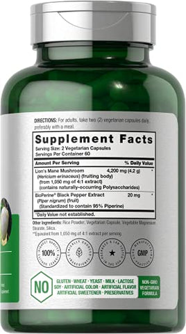 Extrato de Cogumelo do Leão Horbäach | 4200mg | 120 Cápsulas | Vegetariano, Não-OGM, Suplemento Livre de Glúten