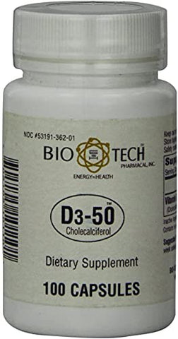 D3-50 50.000 UI, 100 Cápsulas – Suplemento Natural para Suporte Ósseo, Cardíaco e Neuromuscular - Bio-Tech Pharmacal