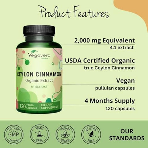Vegavero - Canela Ceylon Orgânica | 2000mg | Certificado pelo USDA | Sem Aditivos Artificiais | Suprimento de 4 Meses | Testado em Laboratório, Não-OGM | 120 Cápsulas | Vegano
