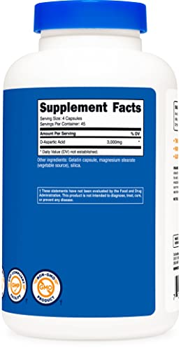 D-Aspartic Acid (DAA) 3000mg – 180 Cápsulas – Sem OGM - Nutricost