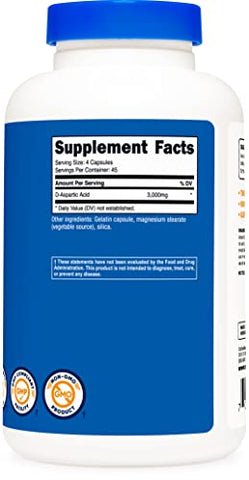 D-Aspartic Acid (DAA) 3000mg – 180 Cápsulas – Sem OGM - Nutricost