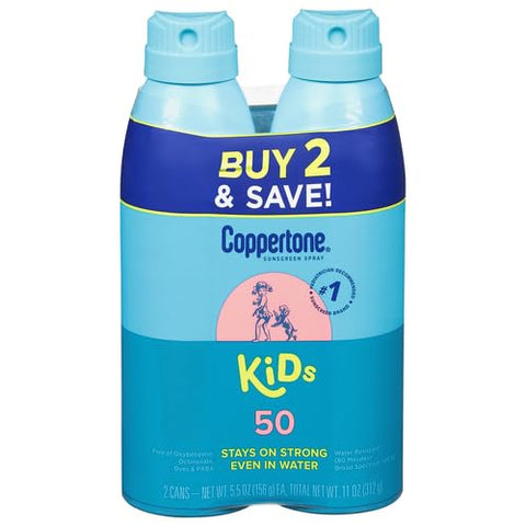 Protetor Solar Coppertone Spray FPS 50, Amplo Espectro, Resistente à Água para Crianças, Marca Recomendada #1 pelos Pediatras, 5,5 Ounce (Pack com 2)