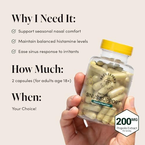 Beekeeper's Naturals - Beekeeper’s Naturals – Suporte Natural para os Seios Nasais de Adultos, Alívio de Cuidados Nasais Sazonais com Própolis, Quercetina, Bromelina, Folha de Urtiga
