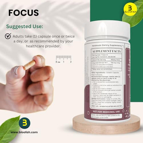 Bloofah - Cápsulas de Manjericão Sagrado 5000mg – 180 Unidades | Extrato em Pó de Folha de Manjericão Sagrado (Ocimum tenuiflorum) 10:1 | Suplemento Herbal Puro 100% | Fórmula Livre de Transgênicos e Glúten