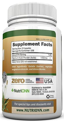 NutriONN - Cápsulas de Psyllium Husk – 1450mg Por Porção – 240 Cápsulas – Dupla Potência – Suplemento Premium de Fibra de Psyllium – Ótimo para Digestão e Regularidade – 100% Fibra Solúvel Natural