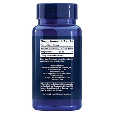 Pregnenolone: Neurohormônio para saúde da memória e plasticidade cerebral, sem glúten, não transgênico, 100 cápsulas - Life Extension