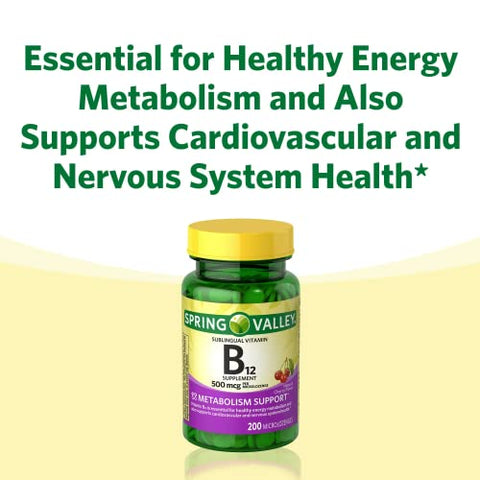 FUSION SHOP STORE Smart choices,meaningful life! - Sublingual B12 500 mcg – Spring Valley 500 mg Sabor Cereja 200 comprimidos (Pacote de 1) – Fusion Shop Store