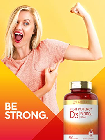Vitamina D3 5000 UI Cápsulas Softgels | 500 Unidades | Tamanho Econômico | Suplemento Sem OGM e Glúten | Fórmula de Alta Potência | 125mcg - Carlyle