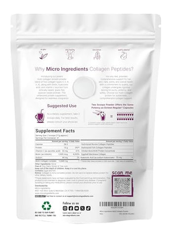 Micro Ingredients - Pó de Peptídeos de Colágeno Multi, 454g – Peptídeos de Proteína Hidrolisada | Tipo I,II,III,V,X com Ácido Hialurônico, Biotina
