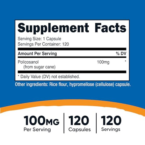 Policosanol 100mg – 120 Cápsulas | Sem Glúten, Não-OGM, Amigável aos Vegetarianos - Nutricost
