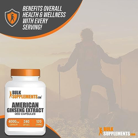 BulkSupplements - American Ginseng Capsules – Extrato de Ginseng Americano, Suplemento Herbal de Ginseng – Vegano, 2 Cápsulas por Porção (4000mg Equivalente), 240 Cápsulas Vegetais (Pacote…)