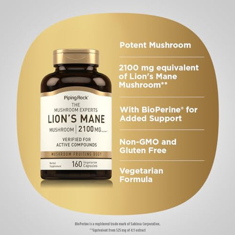 Cápsulas de Suplemento de Leão Mane | 2100mg | 160 Unidades | Vegetariano, Não GMO - Piping Rock