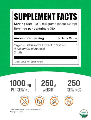 com Extrato em Pó Orgânico de Schisandra – Suplemento de Schisandra, das Bagas de Schisandra – Suplemento Herbal, Livre de Glúten – 1000mg por Porção, 250g (Pack de 8.8 oz) - BulkSupplements