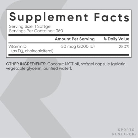 Vitamina D3 2000 UI Sports Research com Óleo de Coco MCT – Suplemento de Alta Potência para o Sistema Imunológico