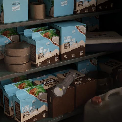Beleon Goods For Life - Kit de Sobrevivência Militar 2024 – Barras de Biscoito de Coco MRE para Emergências – Suprimento Alimentar para 7 dias – Vida Útil de 20 Anos – Equipamentos para Camping e Trilhas