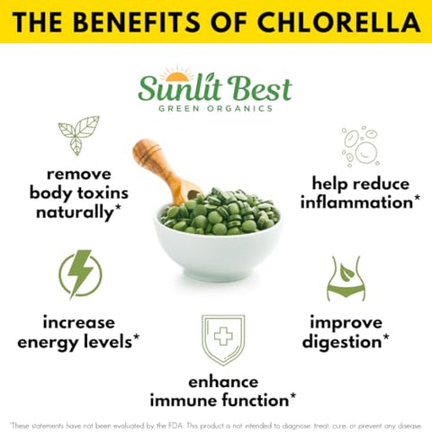 Sunlit Best Green Organics - Sunlit – Melhores Comprimidos de Chlorella Orgânica USDA Premium 1000 Unidades | Suplemento Superfood 100% Puro Rico em Proteínas, Clorofila, Vitaminas